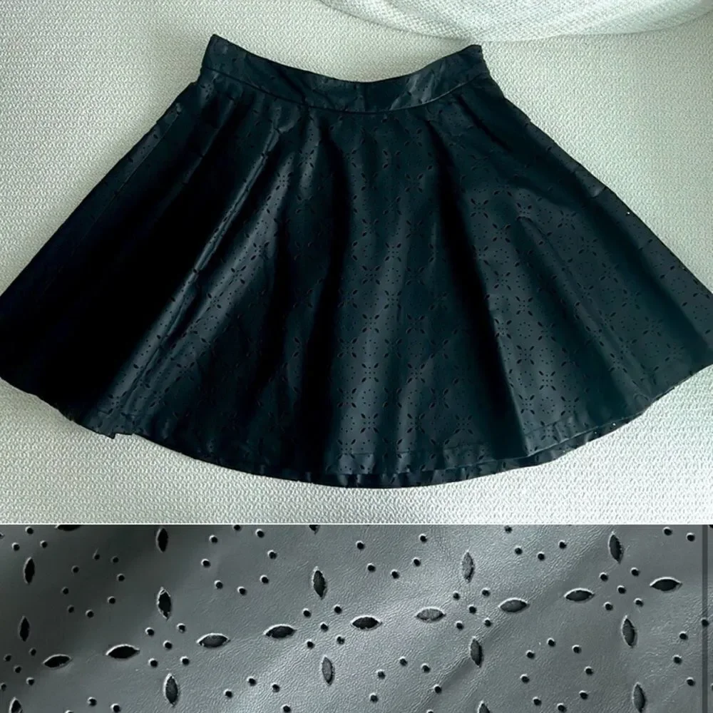 Faux Leather Laser Cut A-line Waist Mini Skirt